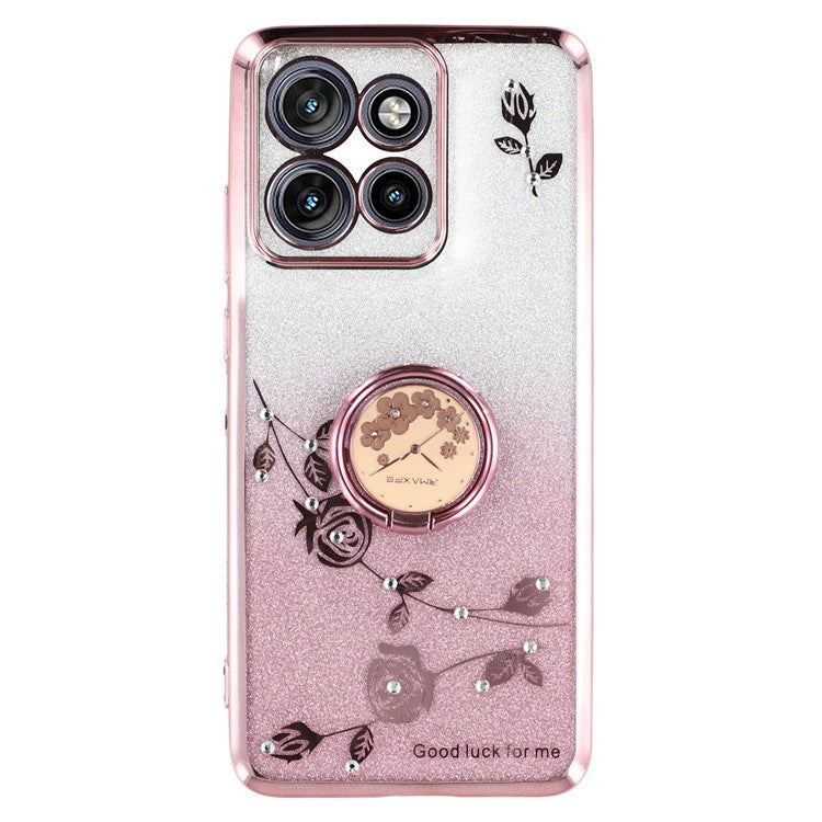 KADEM For Motorola Edge 50 Neo 5G / Moto S50 5G / Thinkphone 25 5G Case Ring Kickstand TPU Flowers Phone Cover Gradient Glitter - Rose Gold