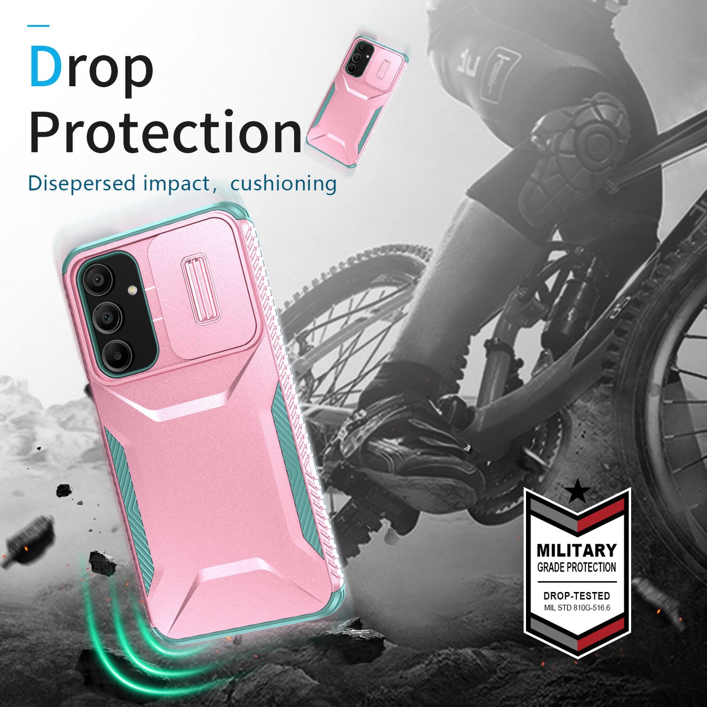 For Samsung Galaxy A16 5G / A16 4G Case Camshield TPU+PC Phone Cover Non-Slip Side Edge - Pink+Grey Green