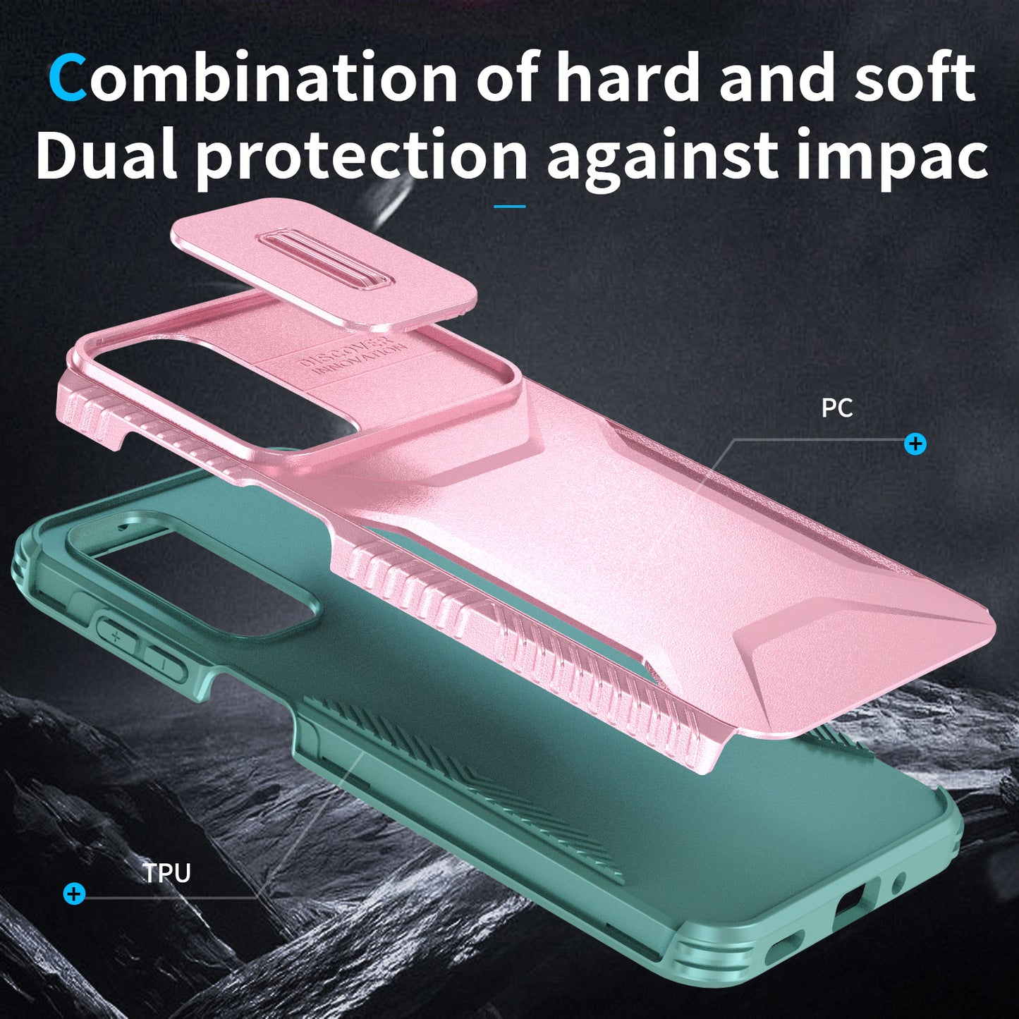 For Samsung Galaxy A16 5G / A16 4G Case Camshield TPU+PC Phone Cover Non-Slip Side Edge - Pink+Grey Green