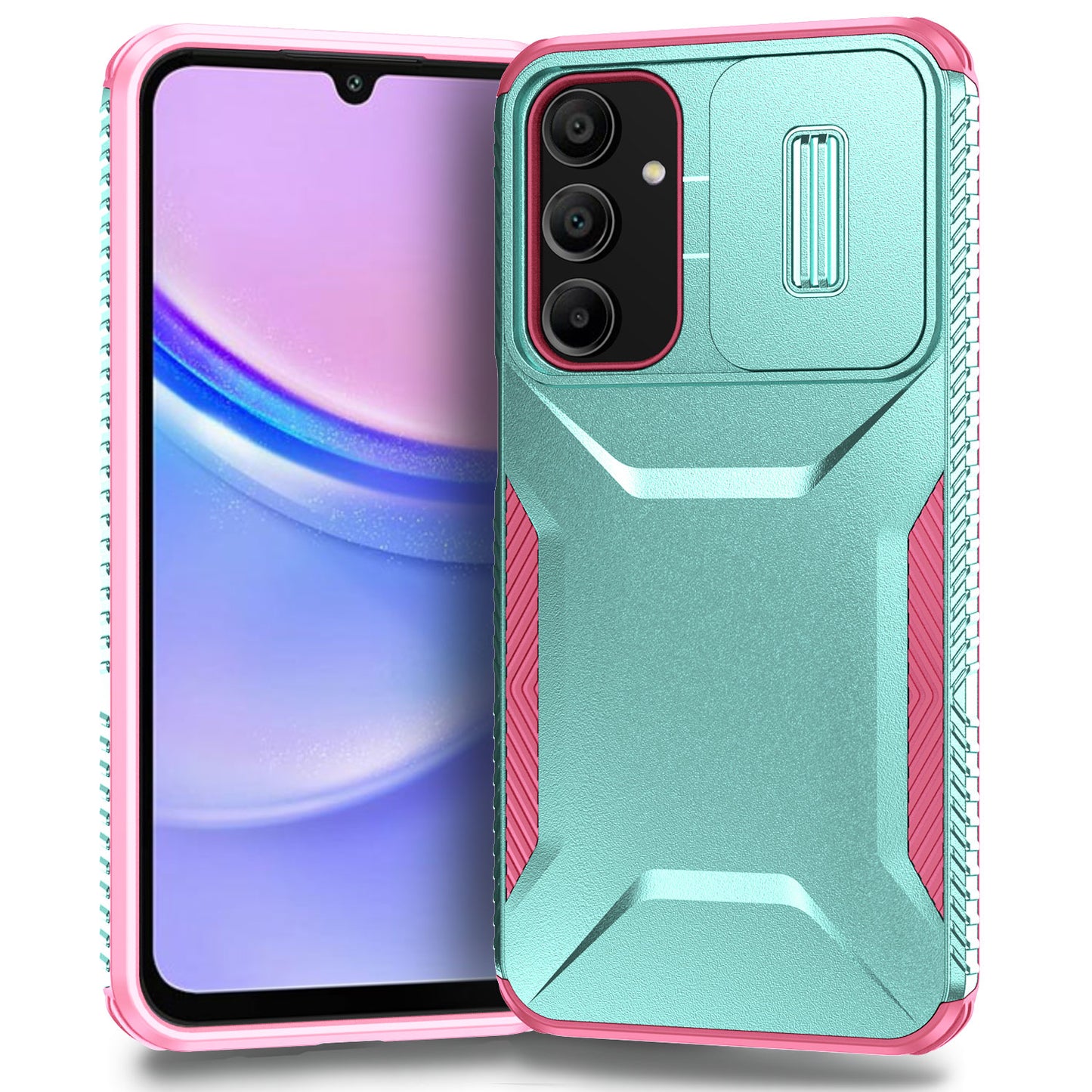 For Samsung Galaxy A16 5G / A16 4G Case Camshield TPU+PC Phone Cover Non-Slip Side Edge - Grey Green+Pink