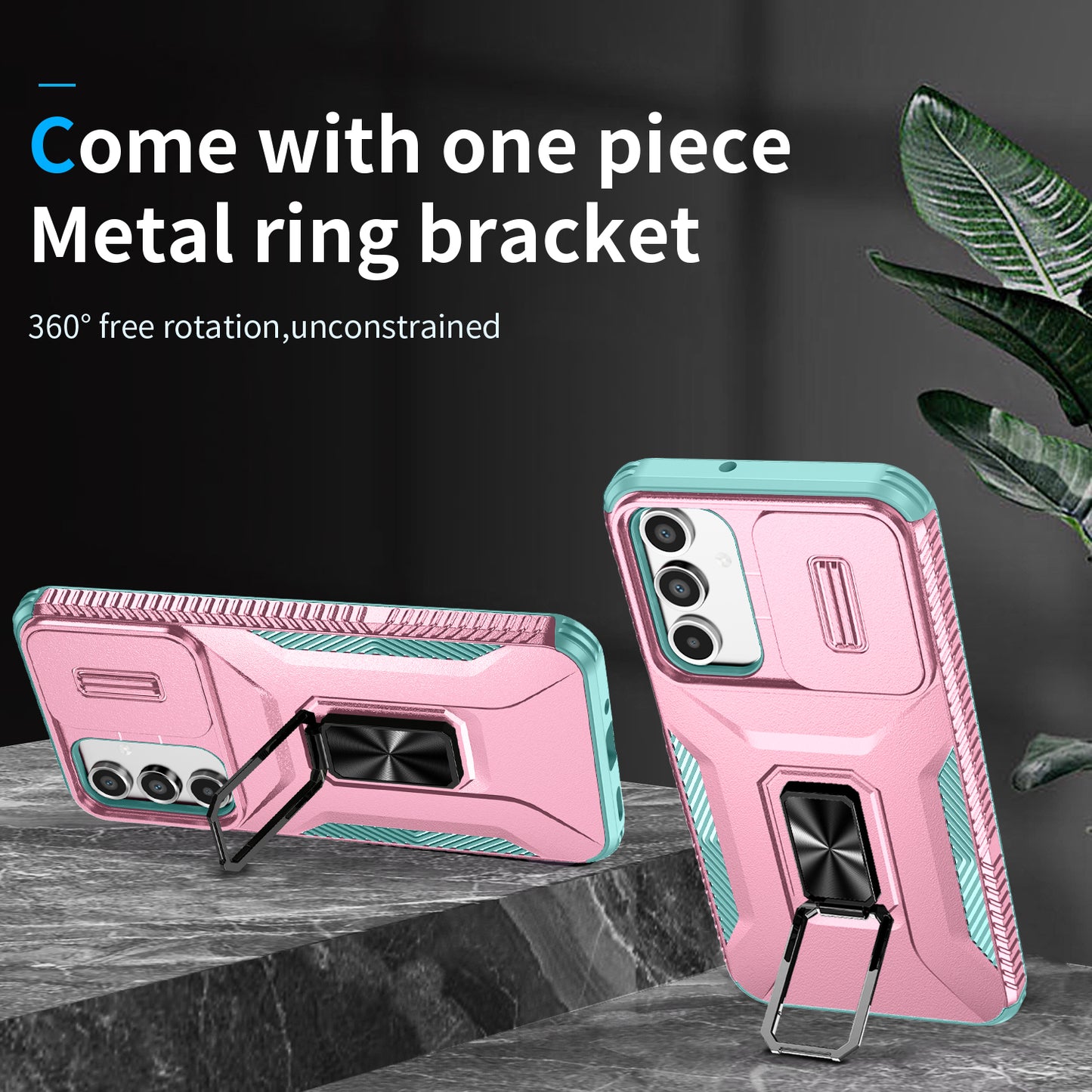 For Samsung Galaxy A16 5G / A16 4G Case Camshield Kickstand TPU+PC Anti-Slip Phone Cover - Pink+Grey Green