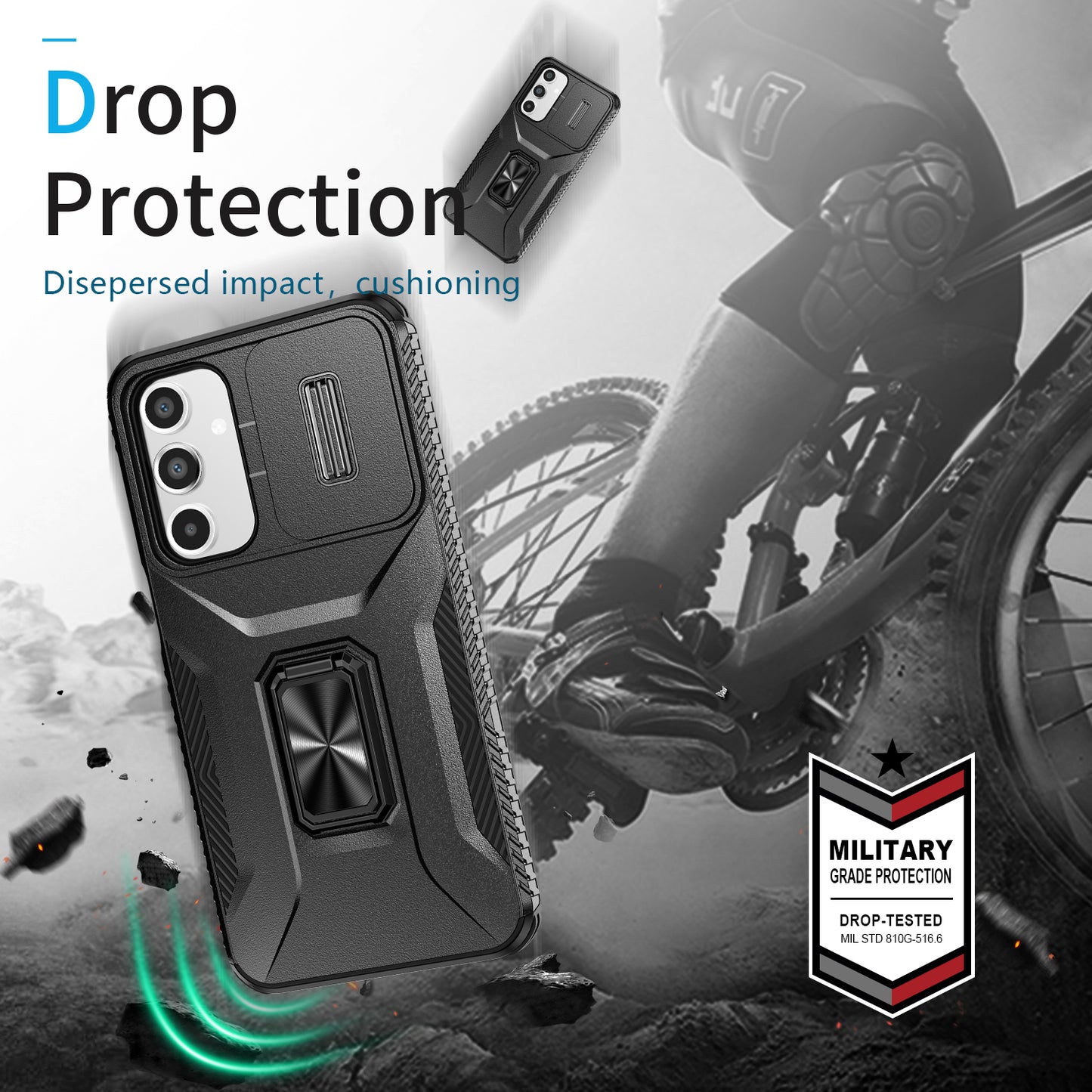 For Samsung Galaxy A16 5G / A16 4G Case Camshield Kickstand TPU+PC Anti-Slip Phone Cover - Black