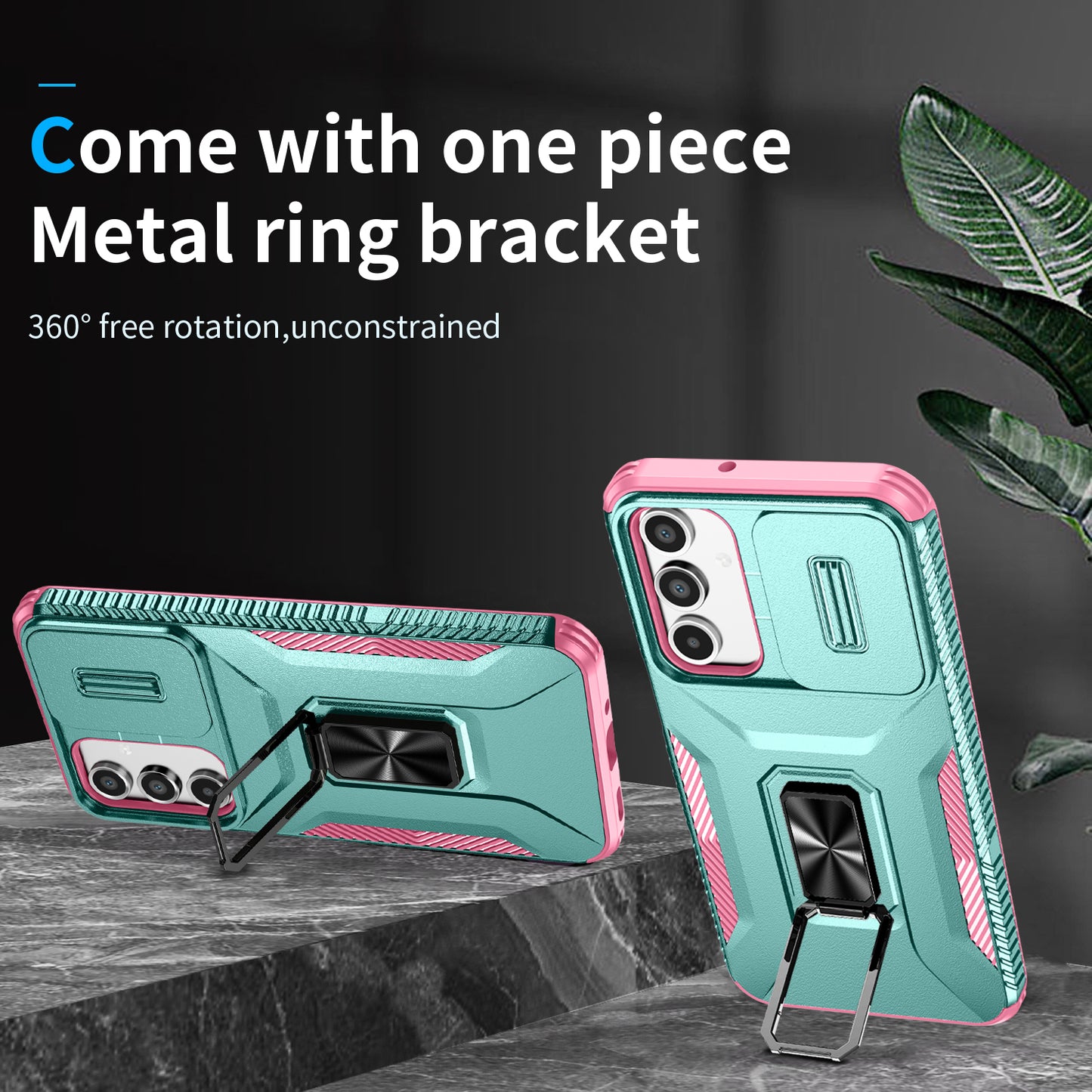 For Samsung Galaxy A16 5G / A16 4G Case Camshield Kickstand TPU+PC Anti-Slip Phone Cover - Grey Green+Pink