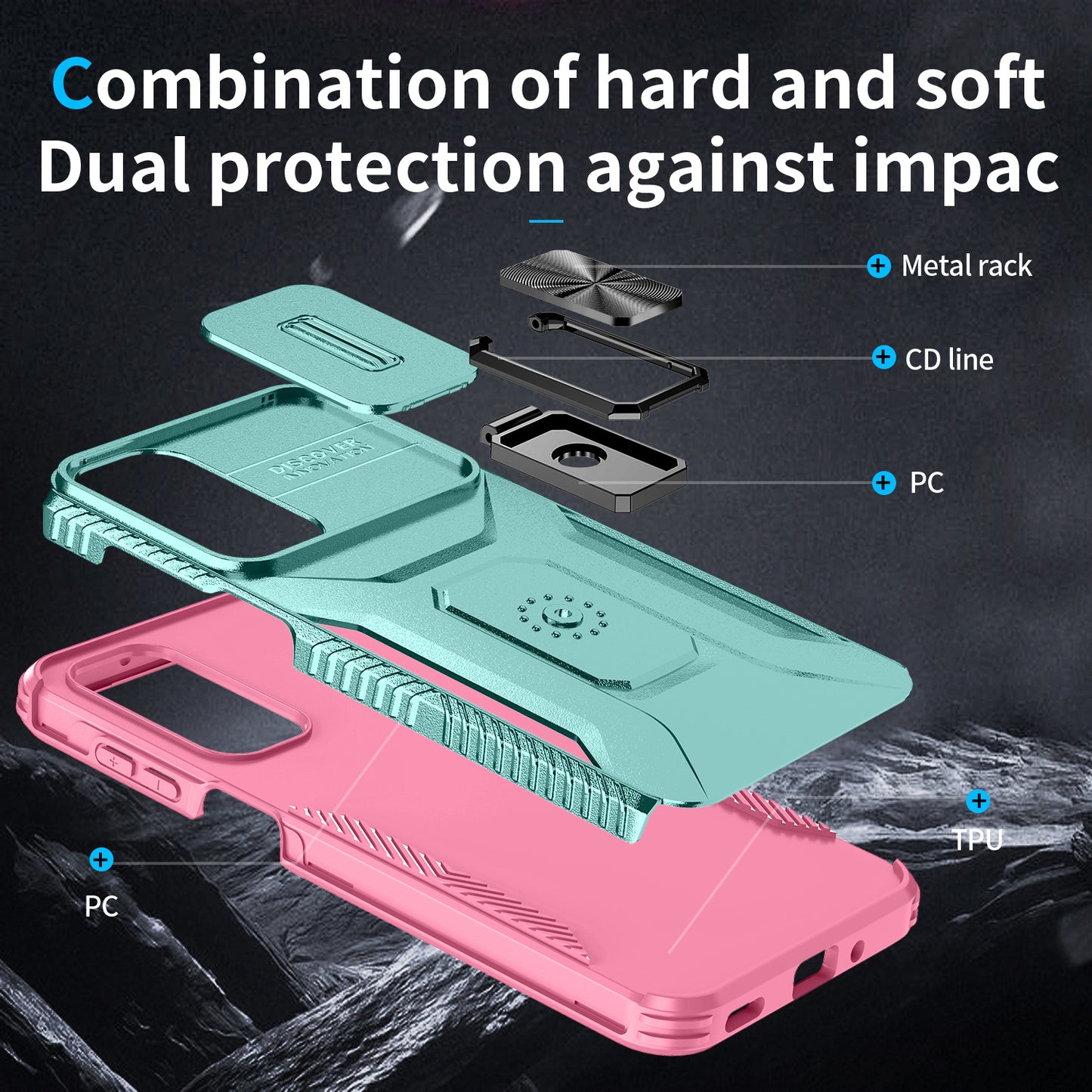 For Samsung Galaxy A16 5G / A16 4G Case Camshield Kickstand TPU+PC Anti-Slip Phone Cover - Grey Green+Pink