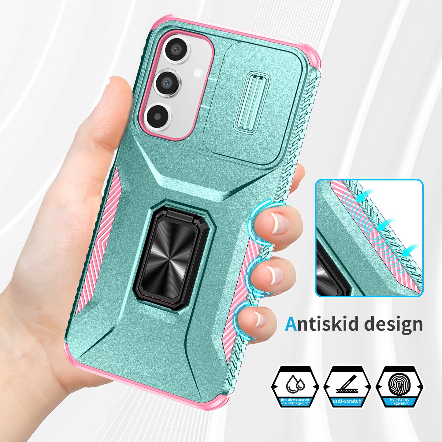 For Samsung Galaxy A16 5G / A16 4G Case Camshield Kickstand TPU+PC Anti-Slip Phone Cover - Grey Green+Pink