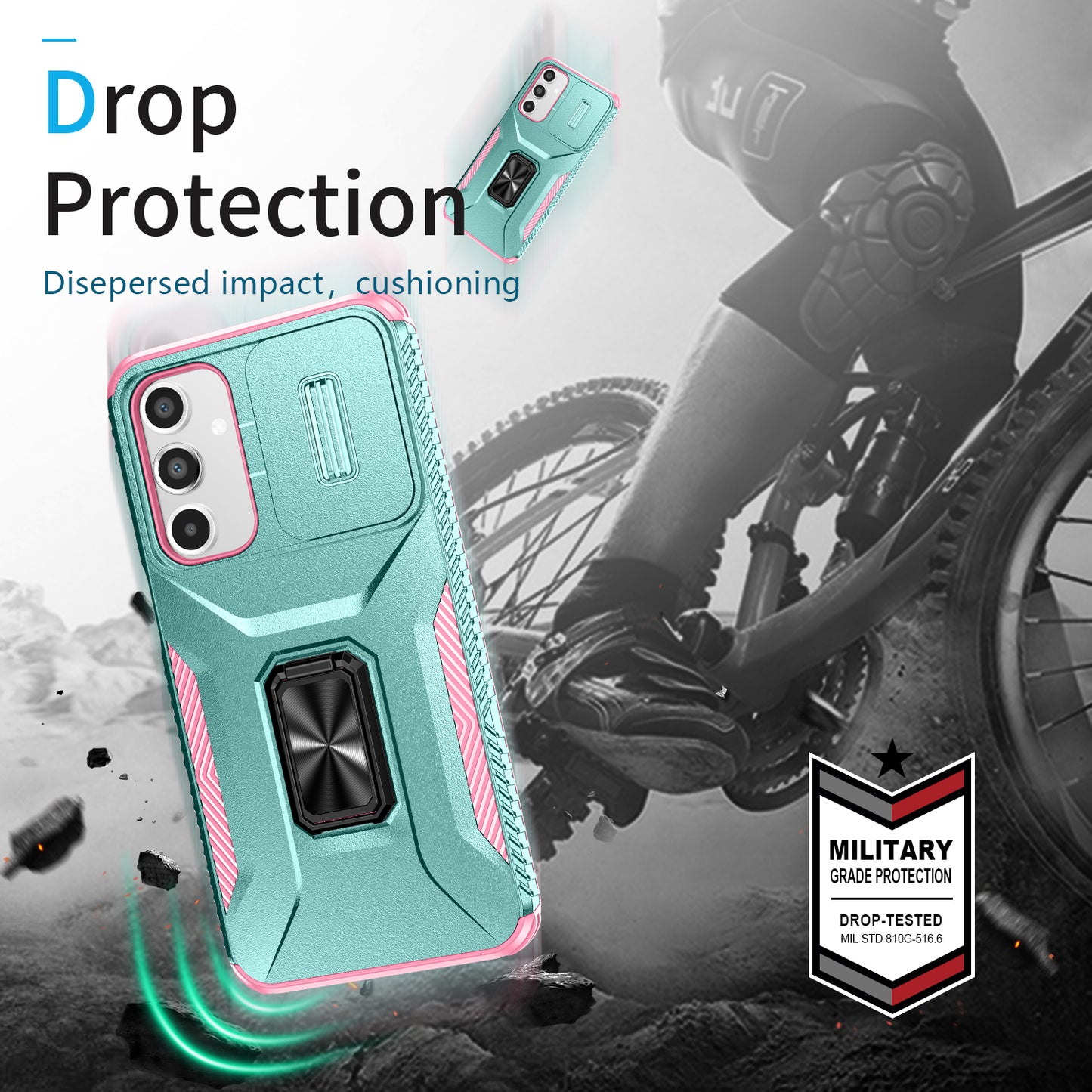 For Samsung Galaxy A16 5G / A16 4G Case Camshield Kickstand TPU+PC Anti-Slip Phone Cover - Grey Green+Pink