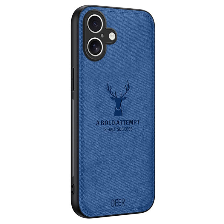 For iPhone 16 Plus Case Deer Pattern Cloth Texture PU Leather Hybrid Phone Cover - Blue