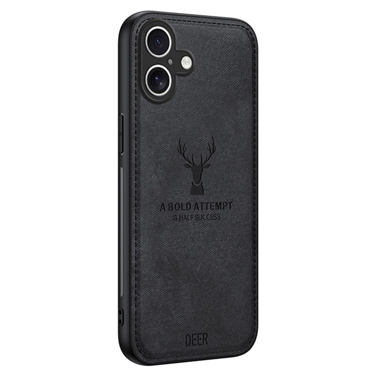 For iPhone 16 Case Deer Pattern Cloth Texture PU Leather Hybrid Phone Cover - Black