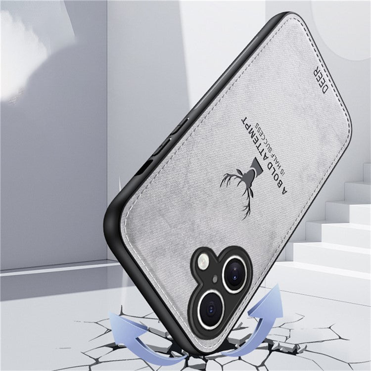 For iPhone 16 Case Deer Pattern Cloth Texture PU Leather Hybrid Phone Cover - Black