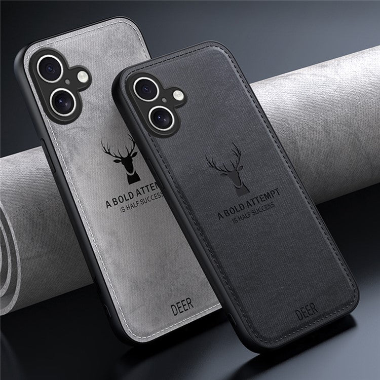 For iPhone 16 Case Deer Pattern Cloth Texture PU Leather Hybrid Phone Cover - Black