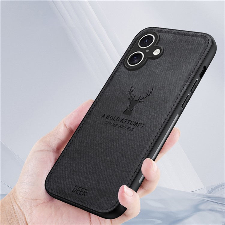 For iPhone 16 Case Deer Pattern Cloth Texture PU Leather Hybrid Phone Cover - Black