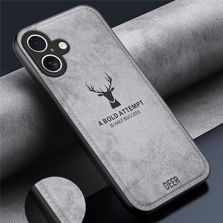 For iPhone 16 Case Deer Pattern Cloth Texture PU Leather Hybrid Phone Cover - Black