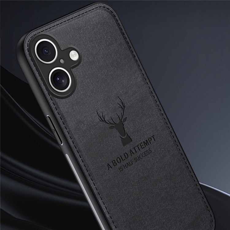 For iPhone 16 Case Deer Pattern Cloth Texture PU Leather Hybrid Phone Cover - Black