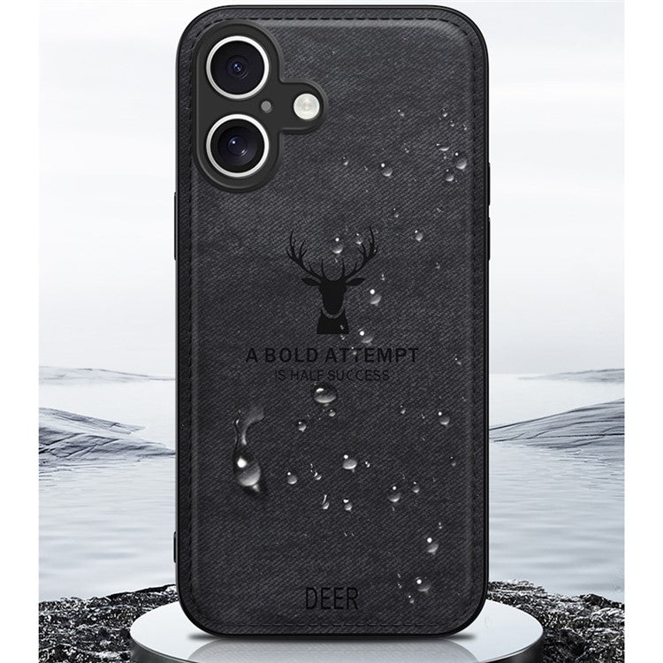 For iPhone 16 Case Deer Pattern Cloth Texture PU Leather Hybrid Phone Cover - Black