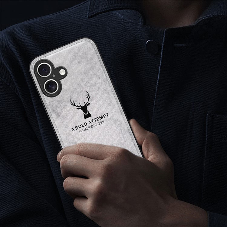 For iPhone 16 Case Deer Pattern Cloth Texture PU Leather Hybrid Phone Cover - Black