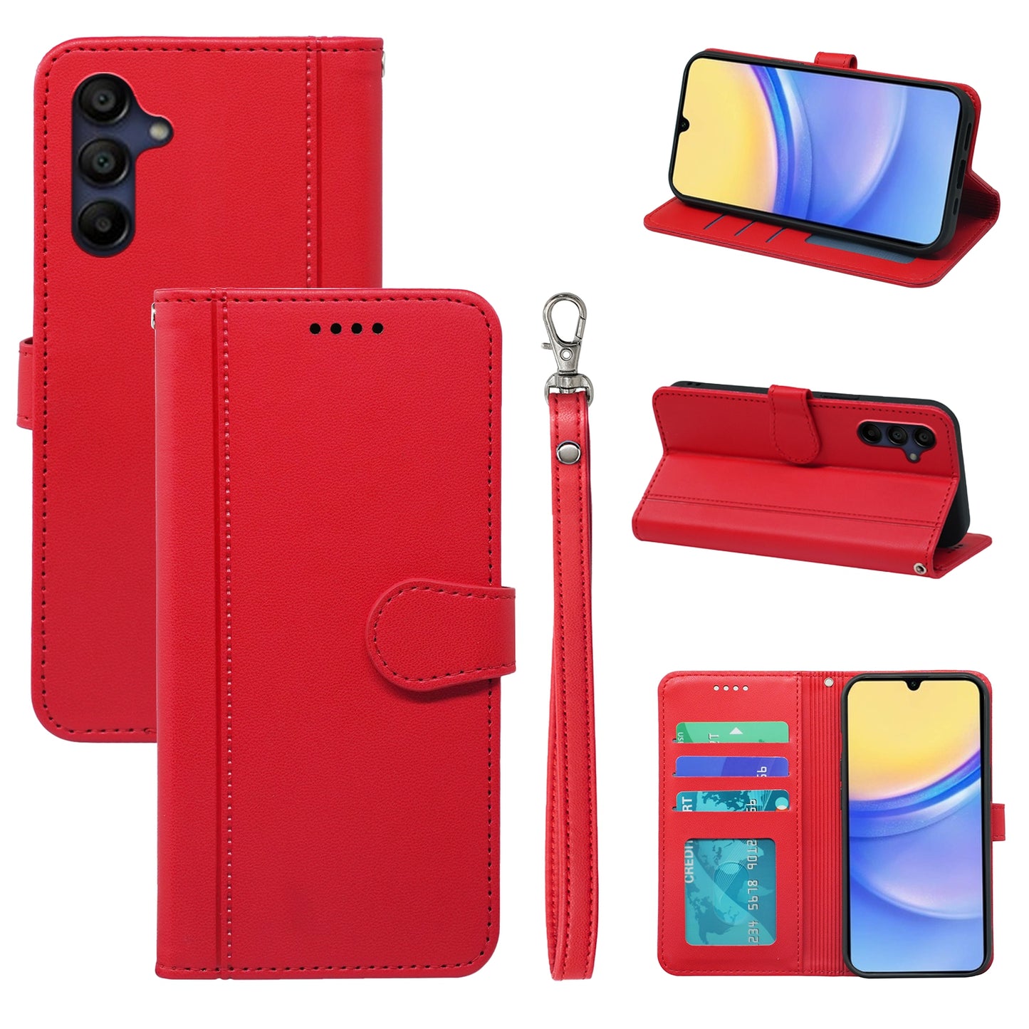 For Samsung Galaxy A16 5G / A16 4G Wallet Case Magnetic Snap Leather Phone Cover with Strap - Red