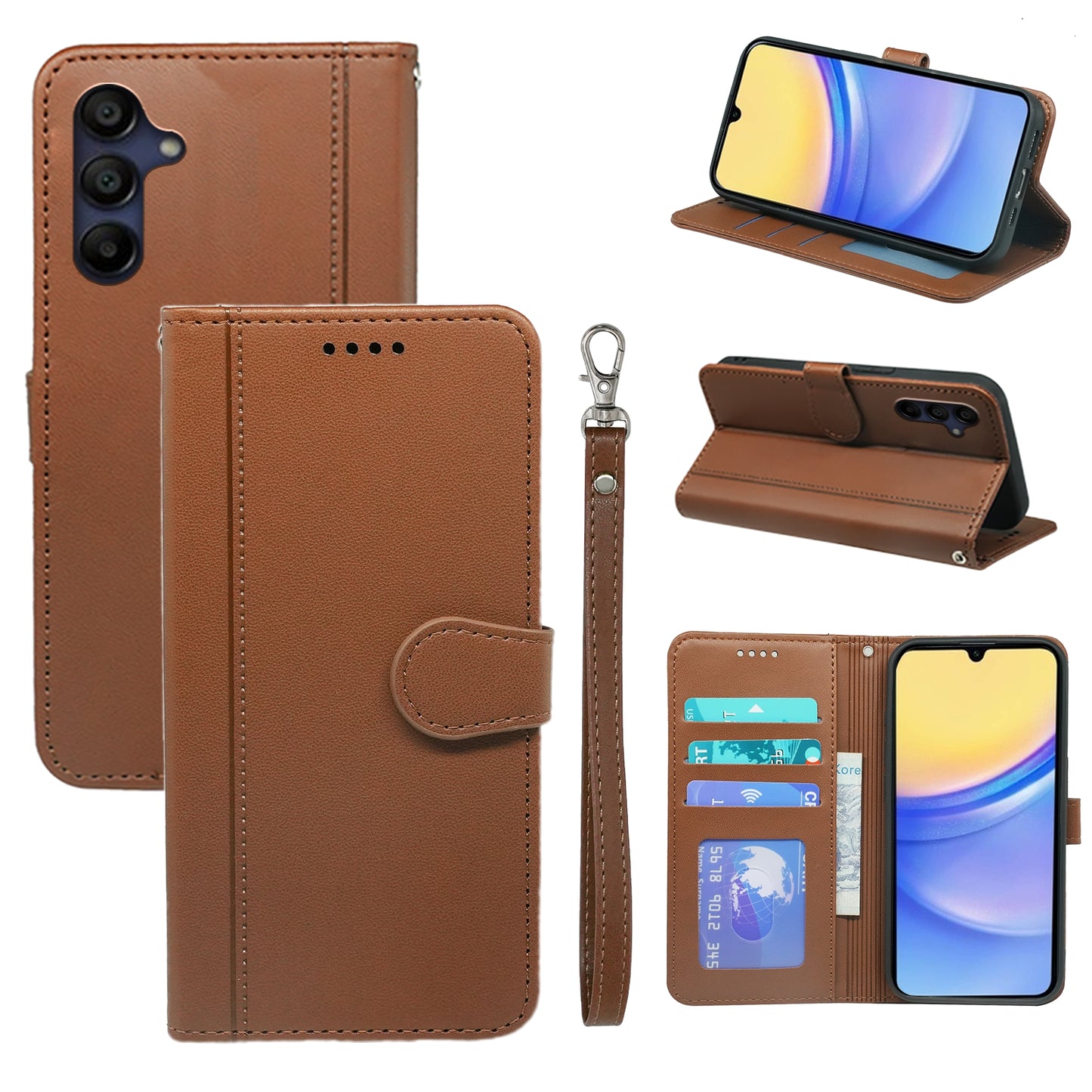 For Samsung Galaxy A16 5G / A16 4G Wallet Case Magnetic Snap Leather Phone Cover with Strap - Brown