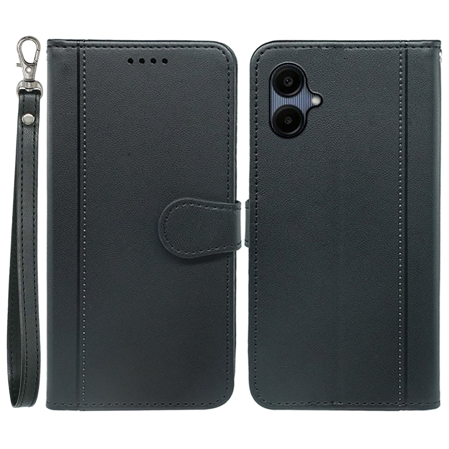 For Samsung Galaxy A06 Wallet Case Magnetic Snap Leather Phone Cover with Strap - Black