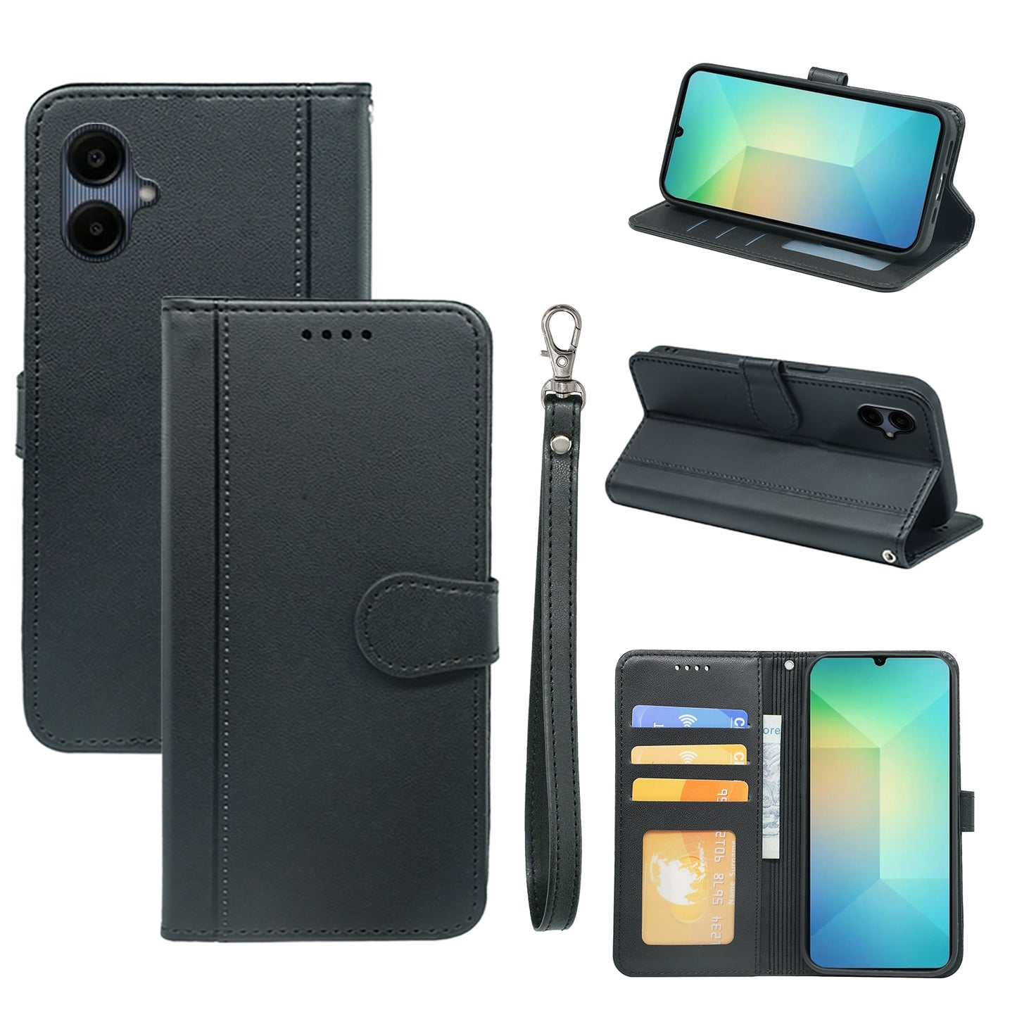 For Samsung Galaxy A06 Wallet Case Magnetic Snap Leather Phone Cover with Strap - Black