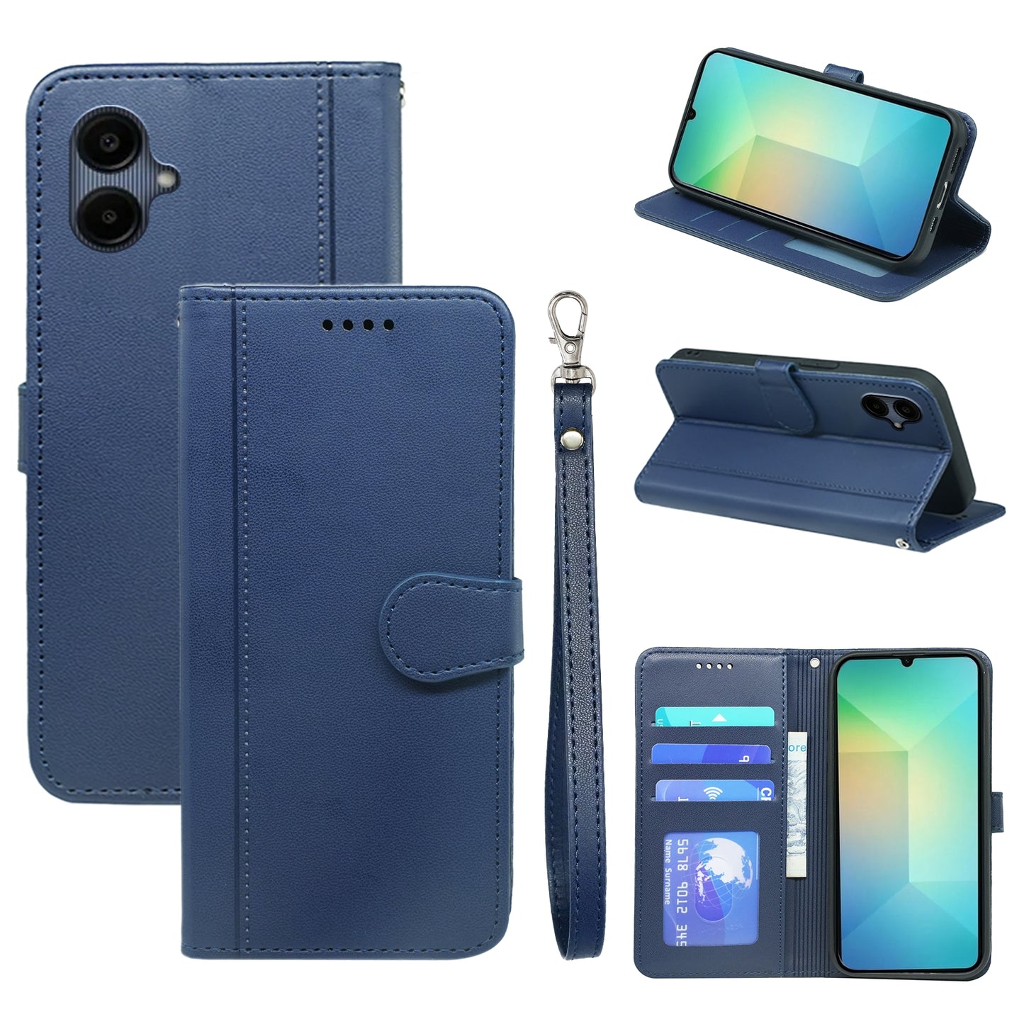 For Samsung Galaxy A06 Wallet Case Magnetic Snap Leather Phone Cover with Strap - Blue