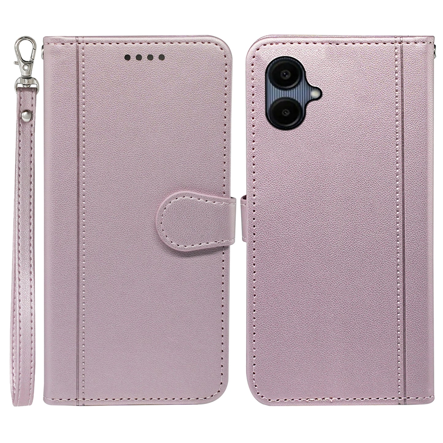 For Samsung Galaxy A06 Wallet Case Magnetic Snap Leather Phone Cover with Strap - Rose Gold