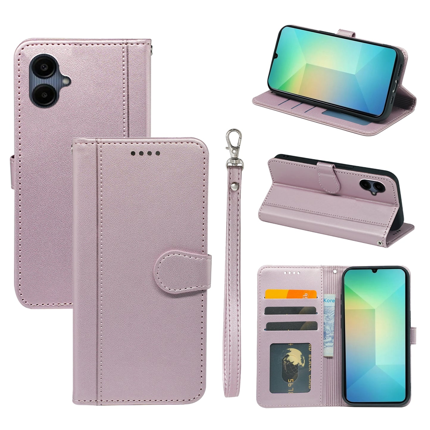 For Samsung Galaxy A06 Wallet Case Magnetic Snap Leather Phone Cover with Strap - Rose Gold
