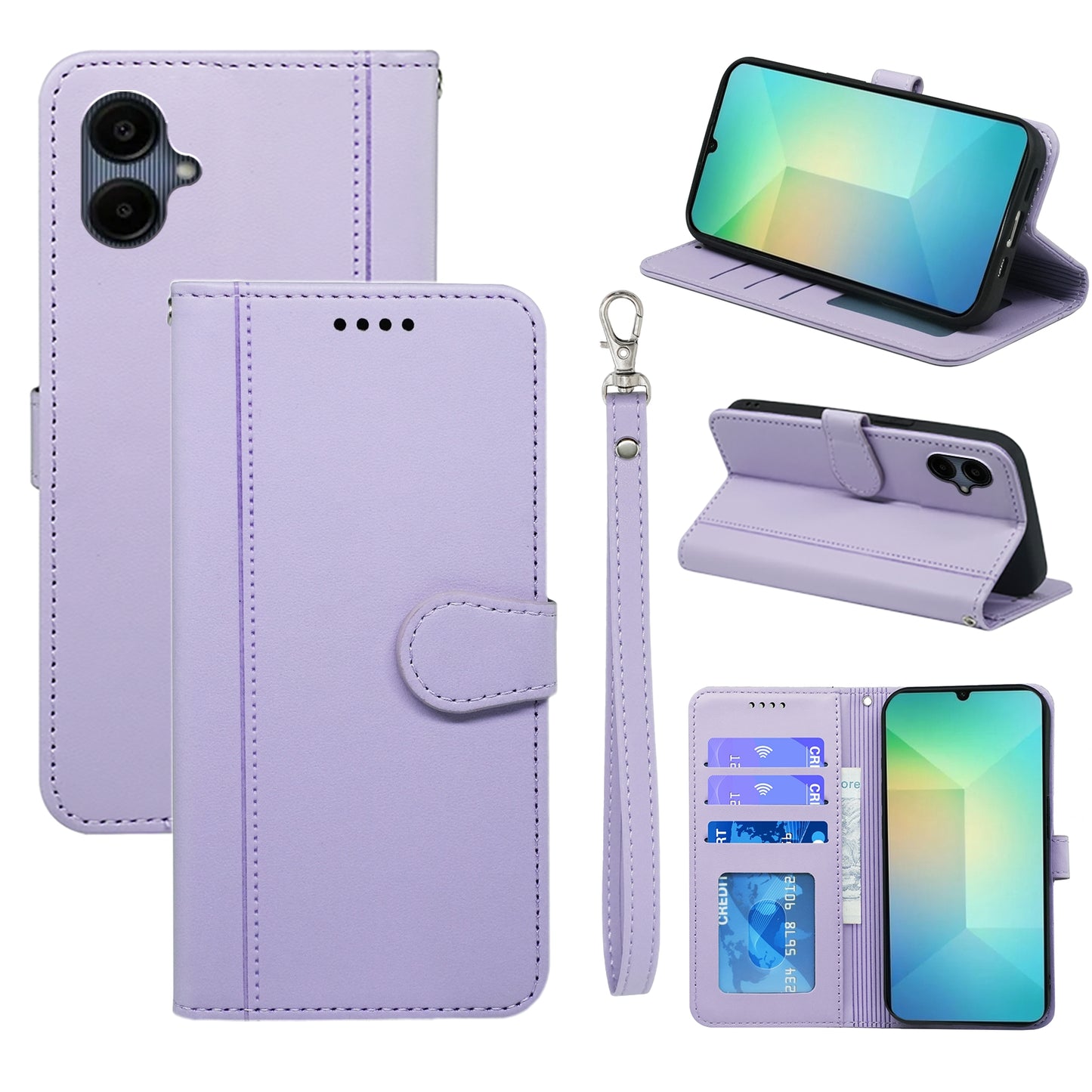 For Samsung Galaxy A06 Wallet Case Magnetic Snap Leather Phone Cover with Strap - Purple