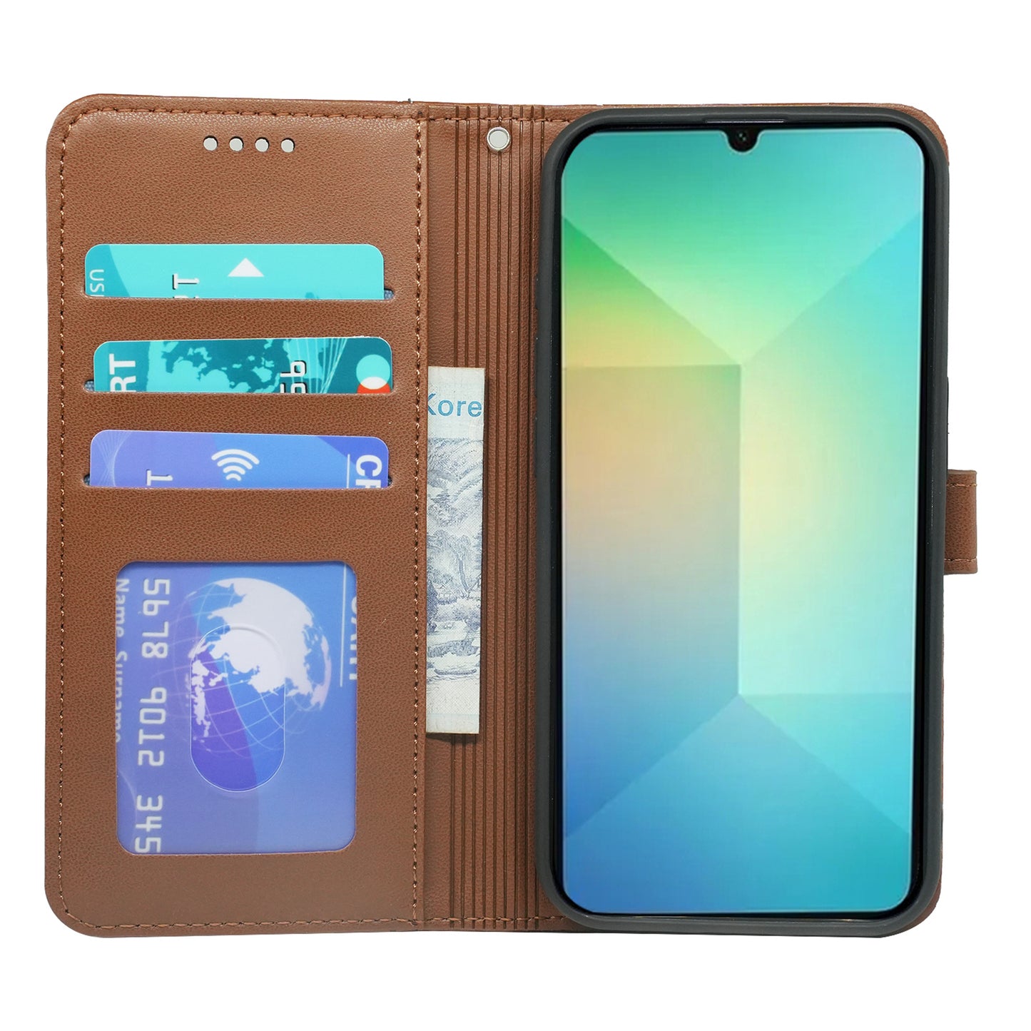 For Samsung Galaxy A06 Wallet Case Magnetic Snap Leather Phone Cover with Strap - Brown