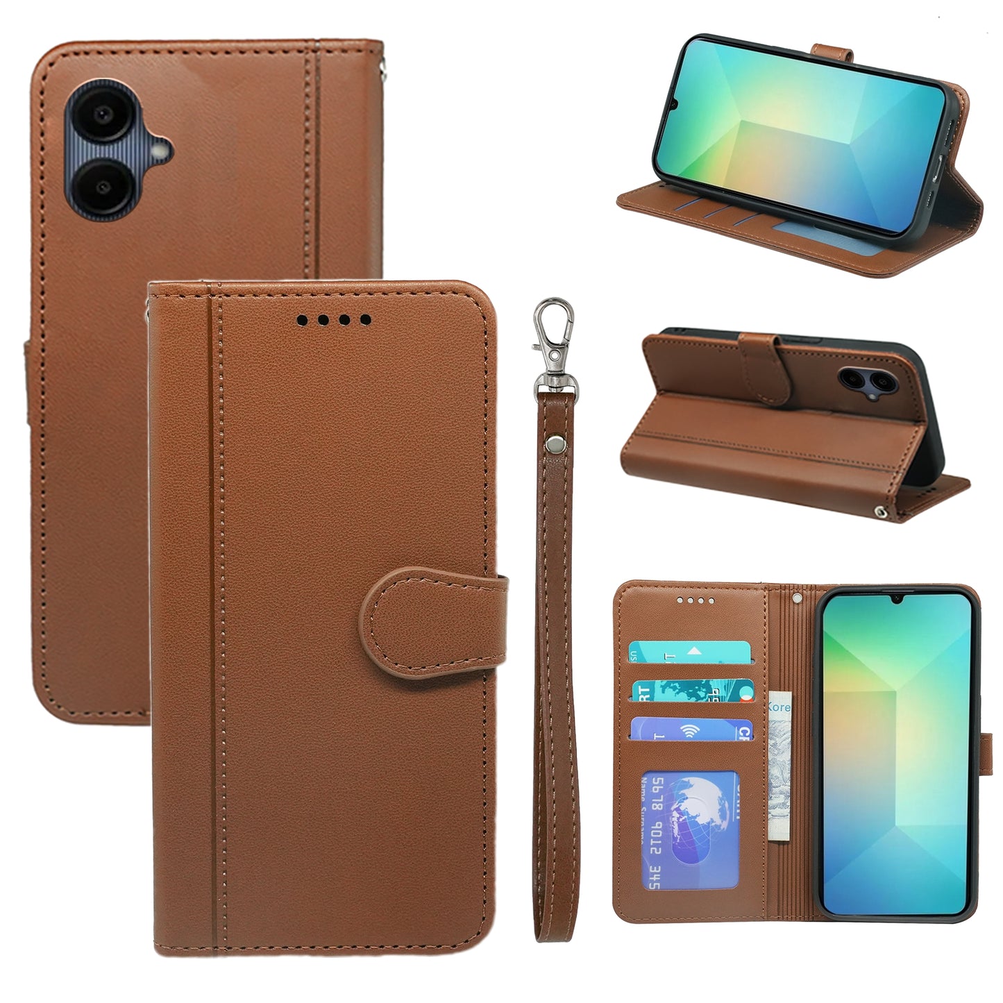 For Samsung Galaxy A06 Wallet Case Magnetic Snap Leather Phone Cover with Strap - Brown