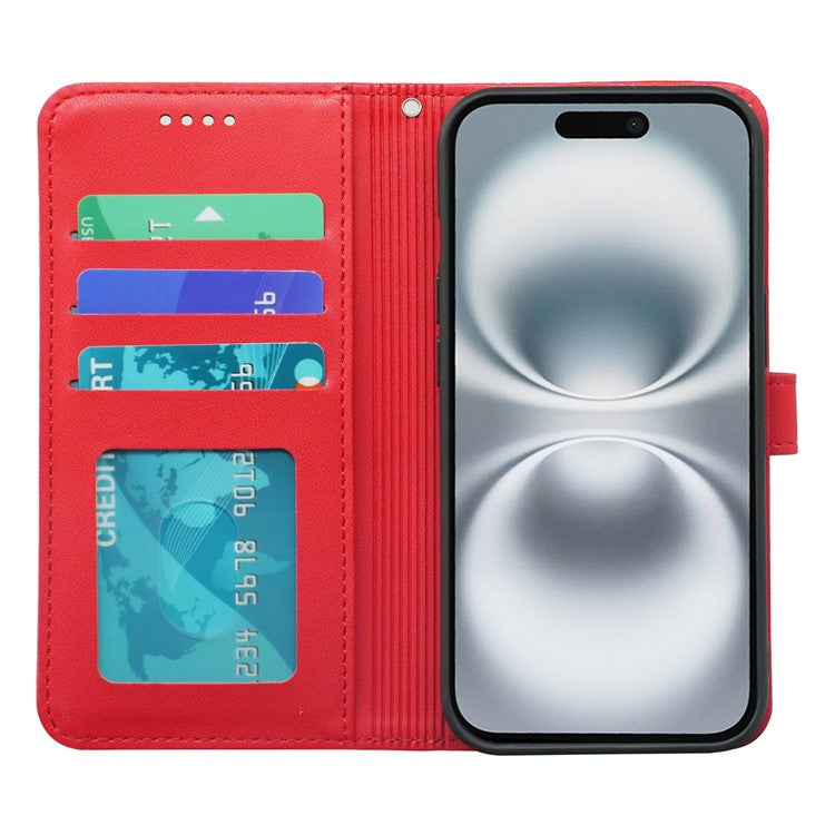 For iPhone 16 Plus Wallet Case Magnetic Snap Leather Phone Cover with Strap - Red