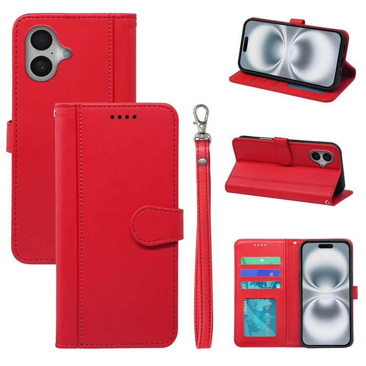 For iPhone 16 Plus Wallet Case Magnetic Snap Leather Phone Cover with Strap - Red