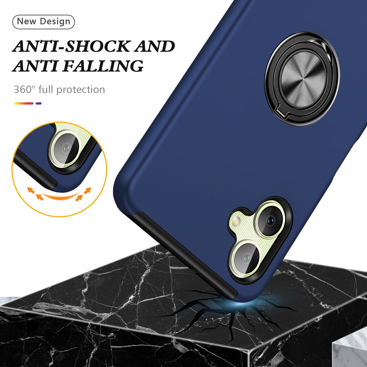 For Samsung Galaxy A06 Case PC+TPU Phone Cover with Rotatable Ring Holder - Blue