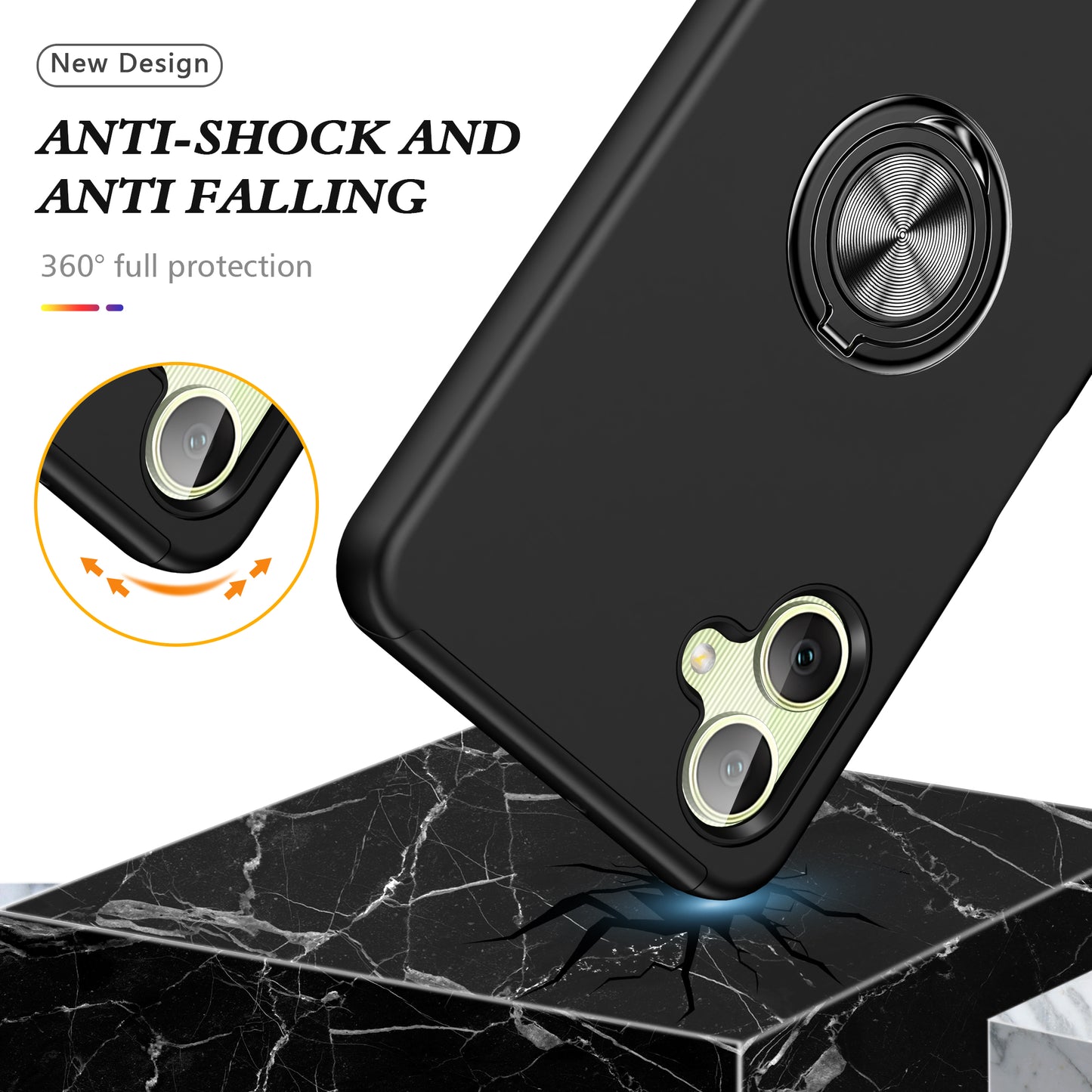 For Samsung Galaxy A06 Case PC+TPU Phone Cover with Rotatable Ring Holder - Black