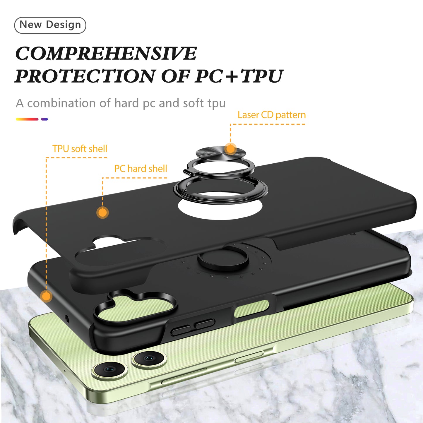 For Samsung Galaxy A06 Case PC+TPU Phone Cover with Rotatable Ring Holder - Black