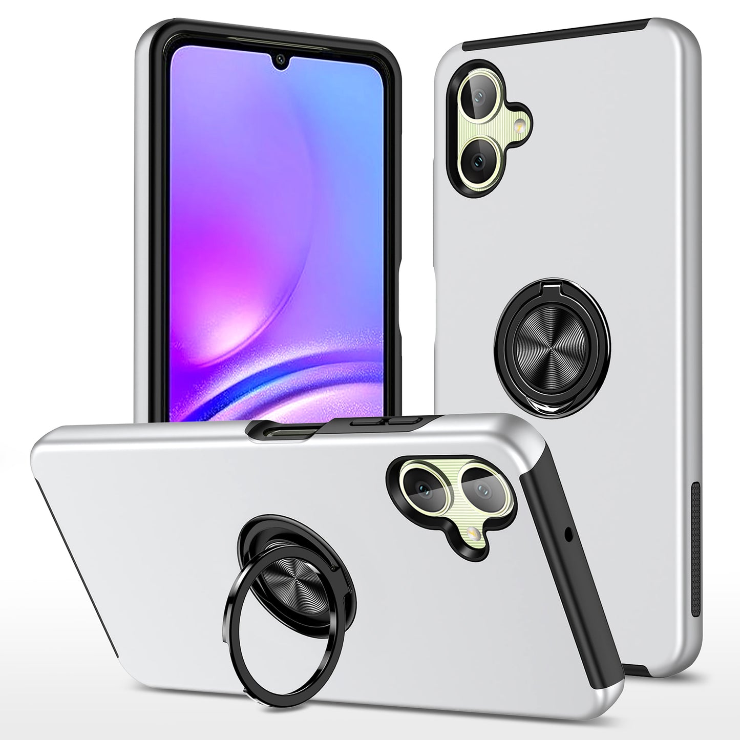 For Samsung Galaxy A06 Case PC+TPU Phone Cover with Rotatable Ring Holder - Silver