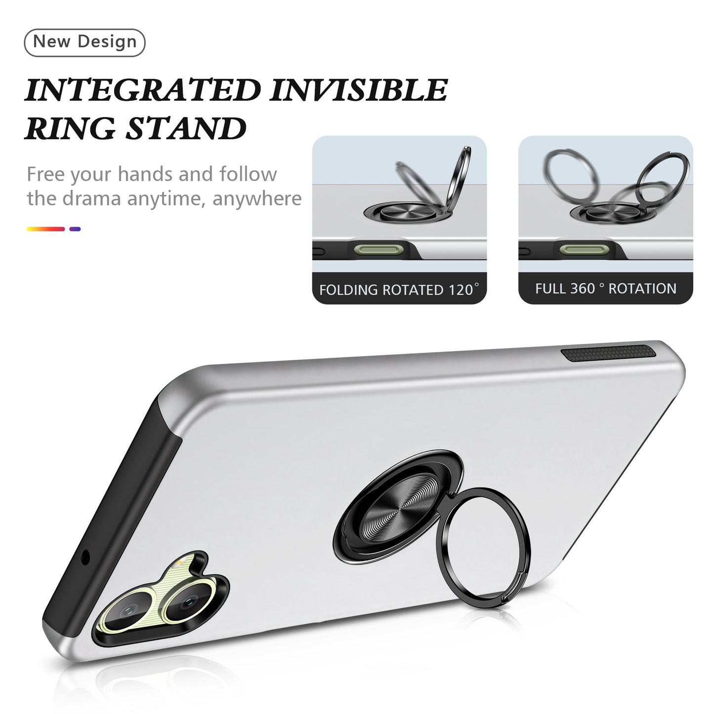 For Samsung Galaxy A06 Case PC+TPU Phone Cover with Rotatable Ring Holder - Silver