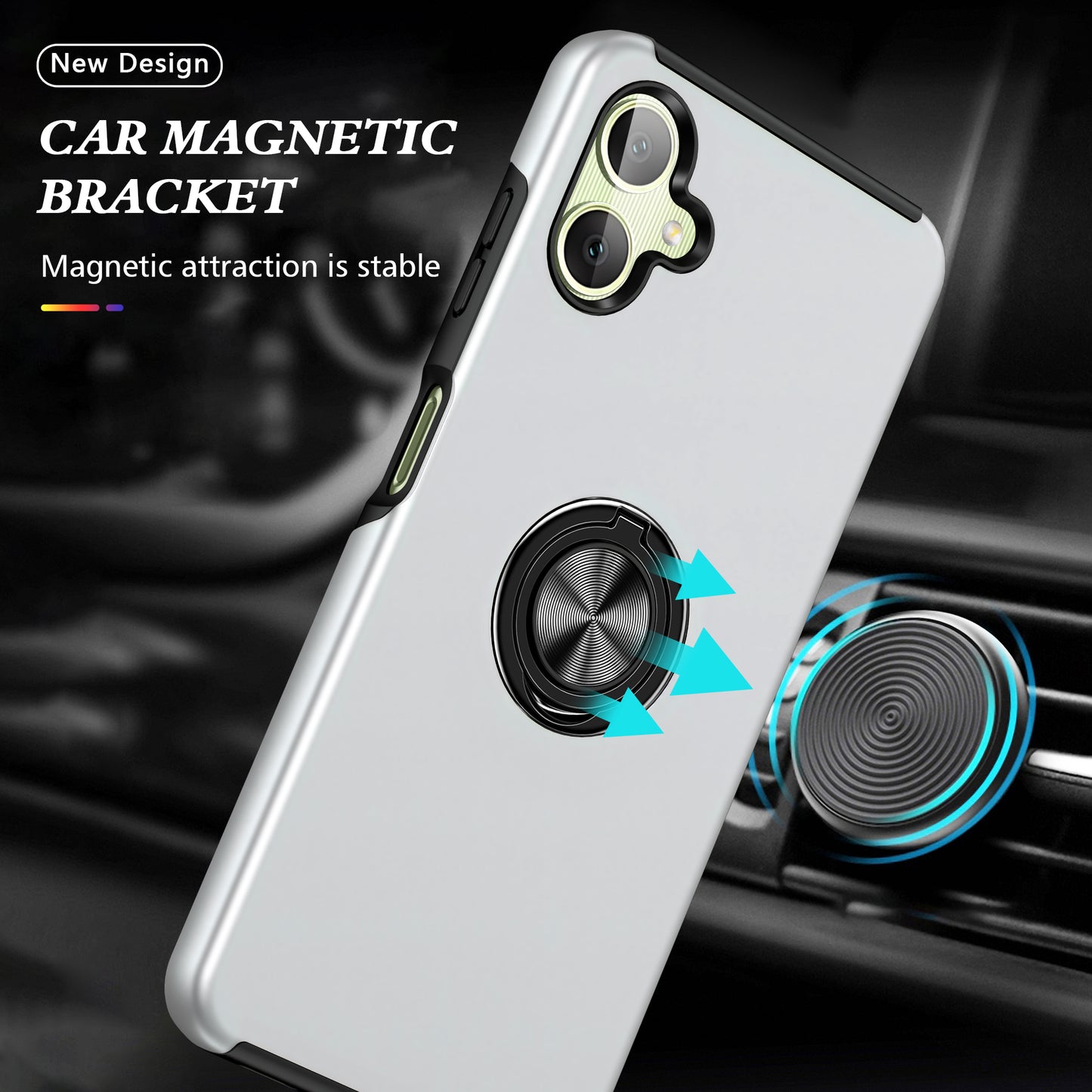 For Samsung Galaxy A06 Case PC+TPU Phone Cover with Rotatable Ring Holder - Silver