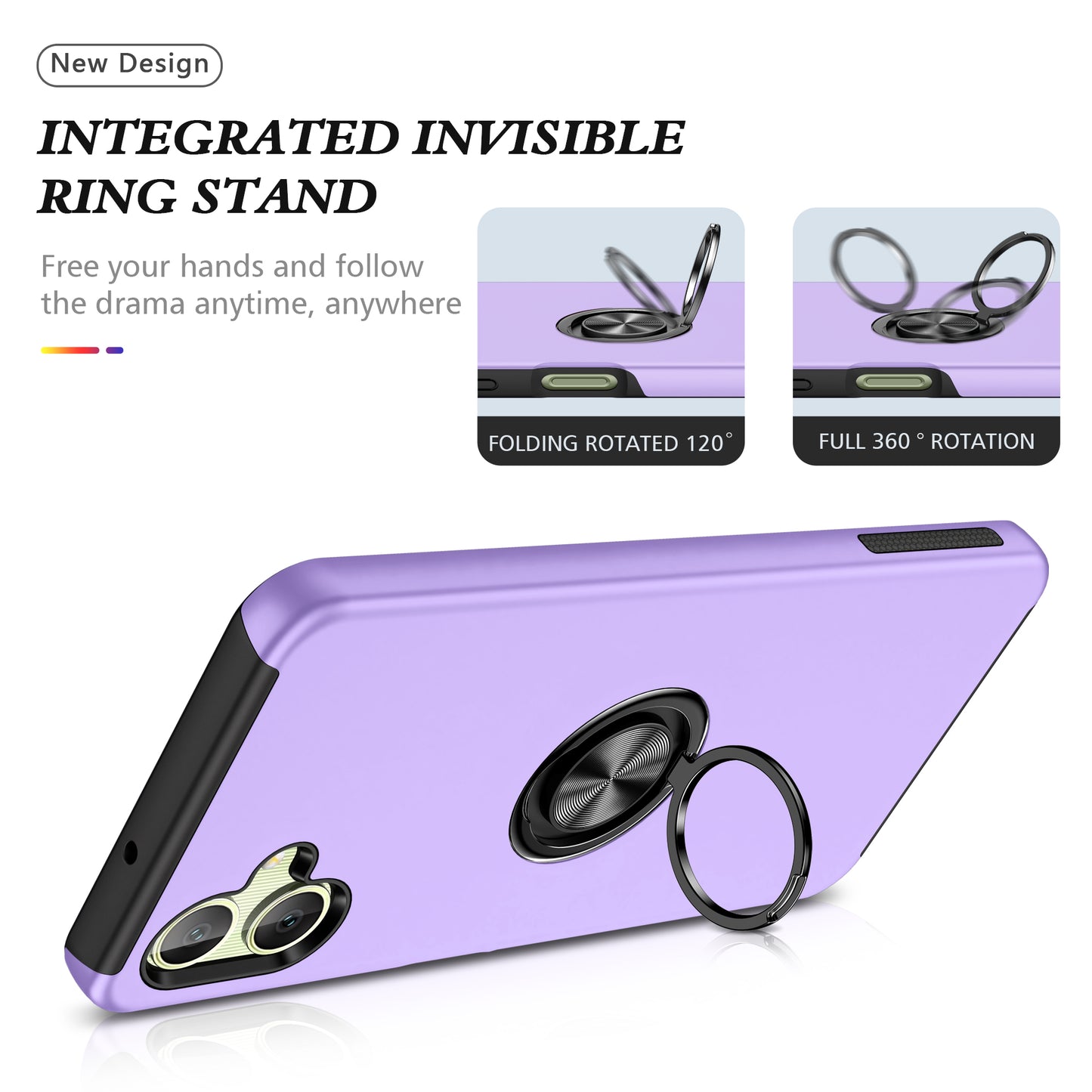 For Samsung Galaxy A06 Case PC+TPU Phone Cover with Rotatable Ring Holder - Purple