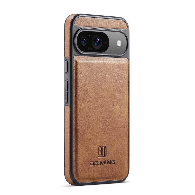 DG.MING For Google Pixel 9 Pro / Pixel 9 Case Anti-Drop Leather Coated PC+TPU Phone Back Cover - Brown