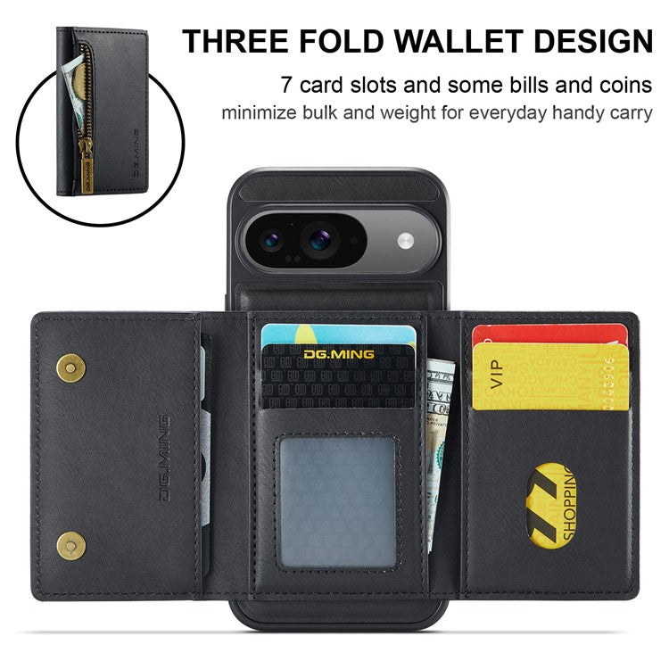 DG.MING M5 Series For Google Pixel 9 Pro / Pixel 9 Case Detachable Magnetic Leather Phone Cover with Card Slots - Black