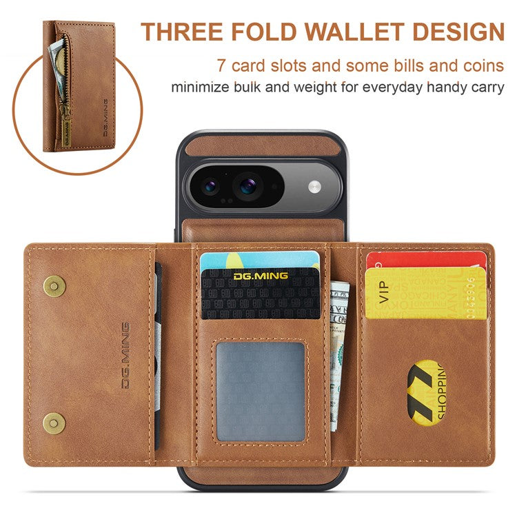 DG.MING M5 Series For Google Pixel 9 Pro / Pixel 9 Case Detachable Magnetic Leather Phone Cover with Card Slots - Brown