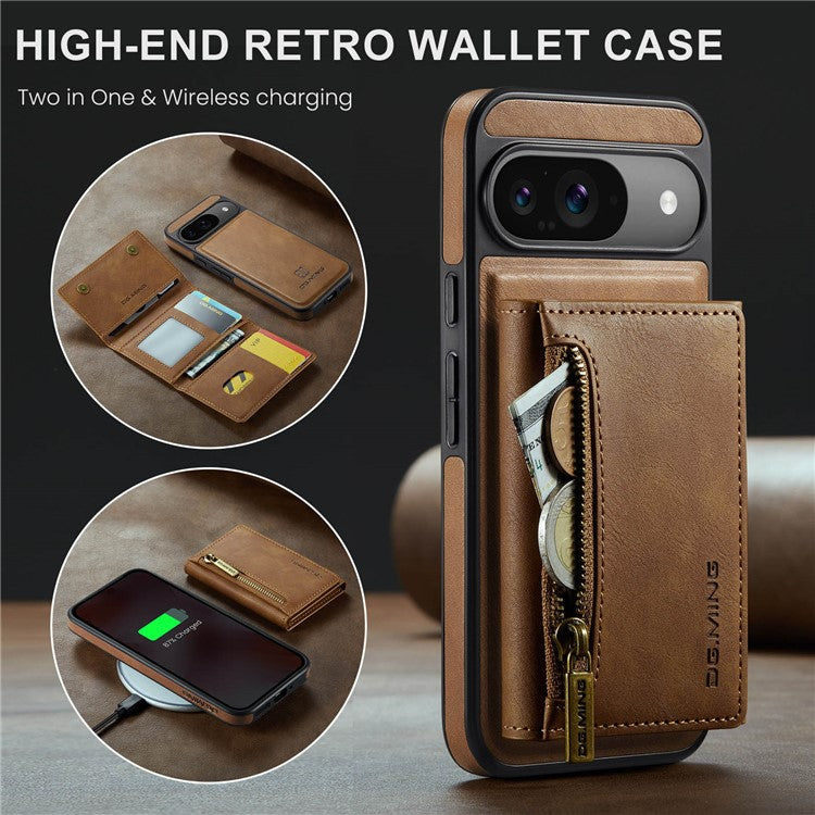 DG.MING M5 Series For Google Pixel 9 Pro / Pixel 9 Case Detachable Magnetic Leather Phone Cover with Card Slots - Brown