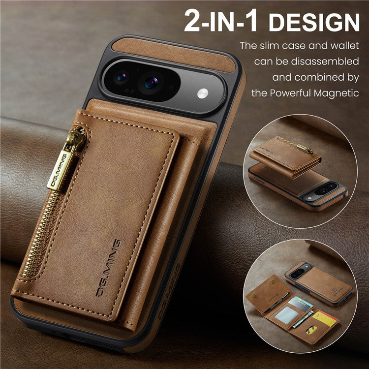 DG.MING M5 Series For Google Pixel 9 Pro / Pixel 9 Case Detachable Magnetic Leather Phone Cover with Card Slots - Brown