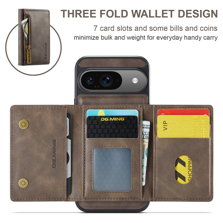 DG.MING M5 Series For Google Pixel 9 Pro / Pixel 9 Case Detachable Magnetic Leather Phone Cover with Card Slots - Coffee