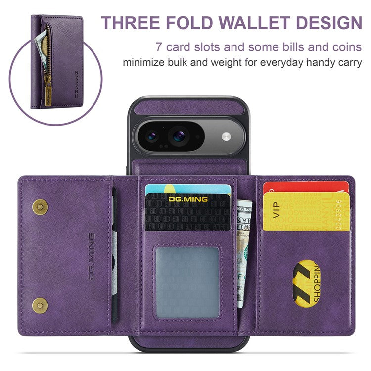 DG.MING M5 Series For Google Pixel 9 Pro / Pixel 9 Case Detachable Magnetic Leather Phone Cover with Card Slots - Purple