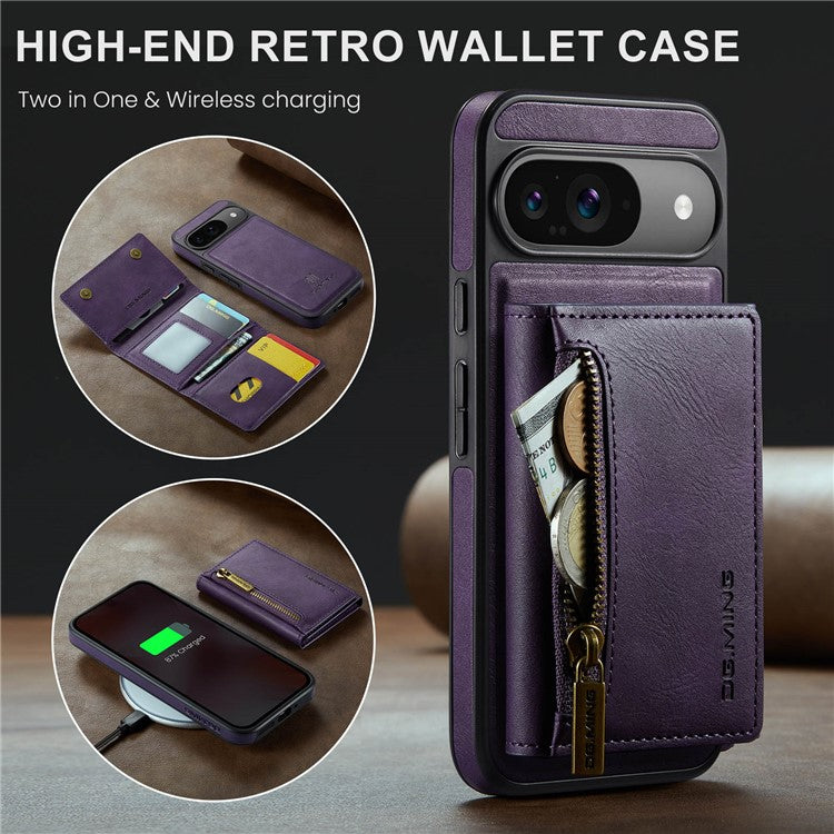 DG.MING M5 Series For Google Pixel 9 Pro / Pixel 9 Case Detachable Magnetic Leather Phone Cover with Card Slots - Purple