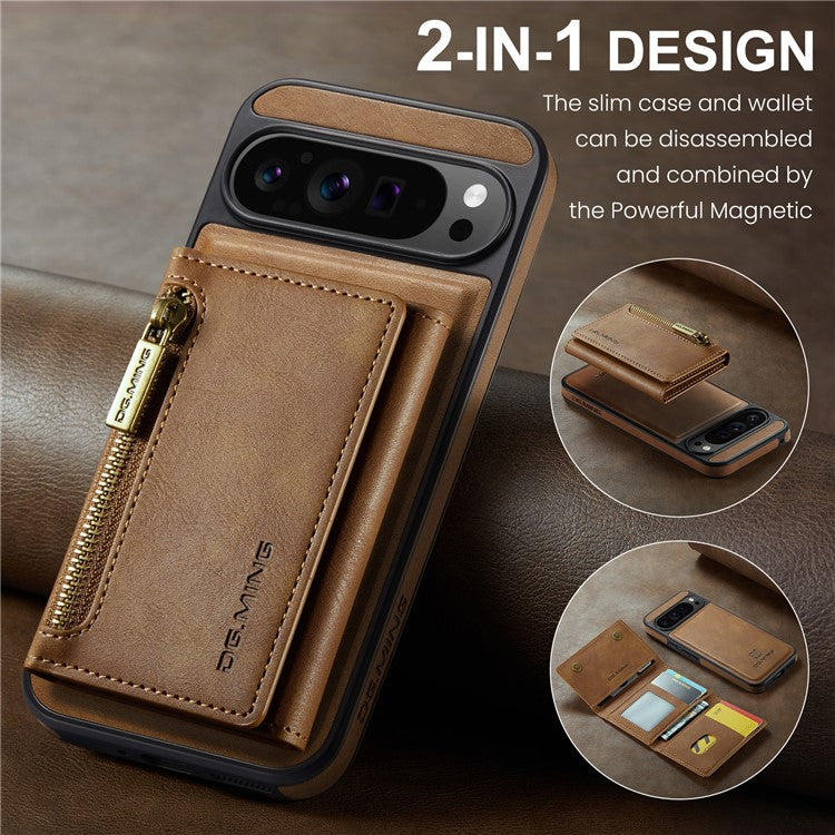 DG.MING M5 Series For Google Pixel 9 Pro XL Case Detachable Magnetic Leather Phone Cover with Card Slots - Brown
