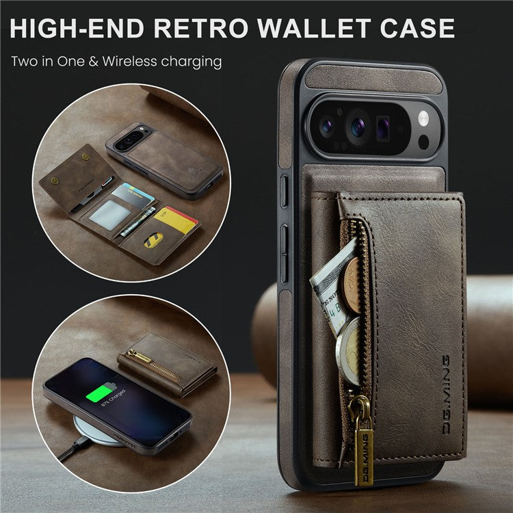 DG.MING M5 Series For Google Pixel 9 Pro XL Case Detachable Magnetic Leather Phone Cover with Card Slots - Coffee