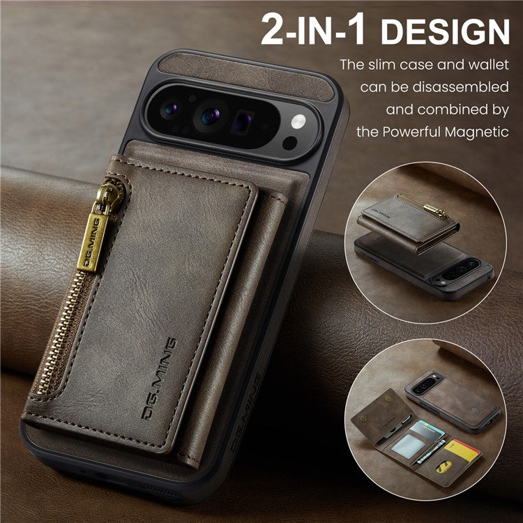 DG.MING M5 Series For Google Pixel 9 Pro XL Case Detachable Magnetic Leather Phone Cover with Card Slots - Coffee