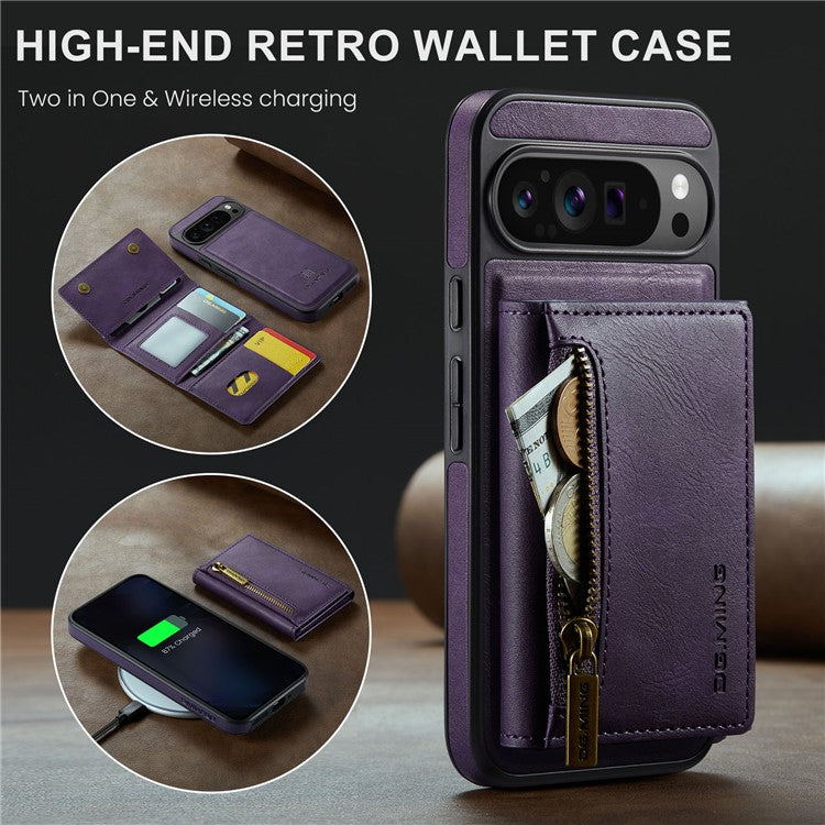 DG.MING M5 Series For Google Pixel 9 Pro XL Case Detachable Magnetic Leather Phone Cover with Card Slots - Purple